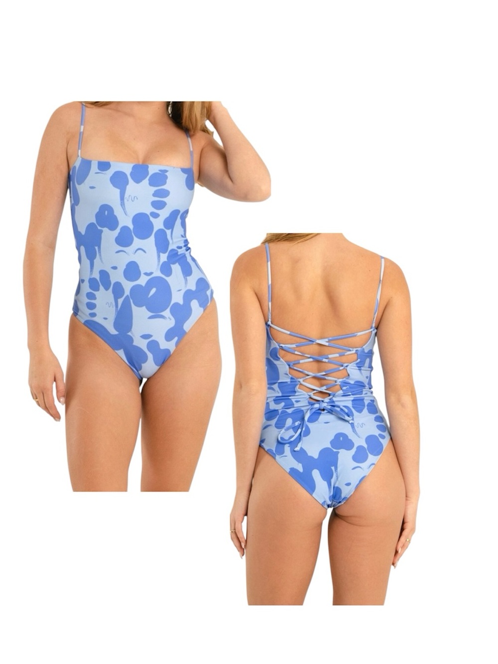 Citrine Swim Luna One-Piece Blue Ladies, Square Neckline with Lace-Up Back, S M